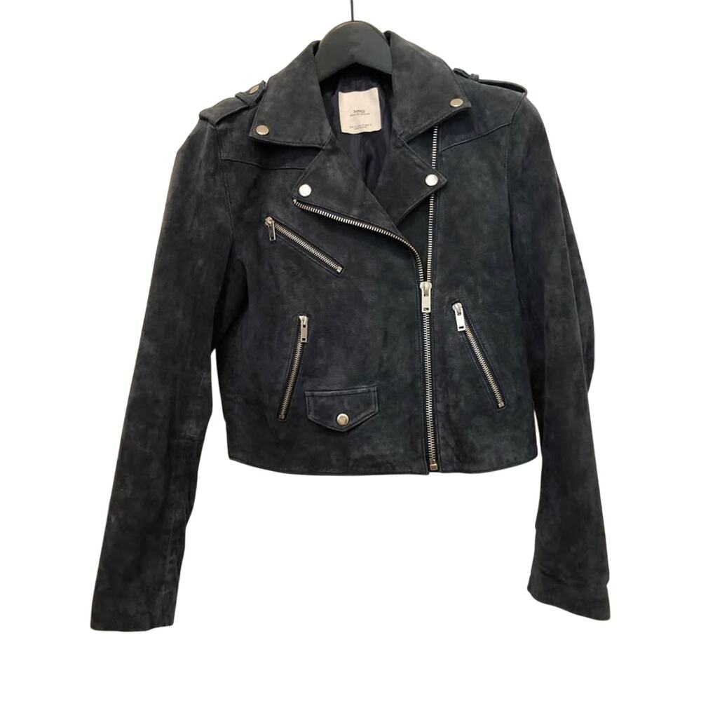 Mango MNG Genuine Navy Blue Suede Leather Moto Jacket-Small
